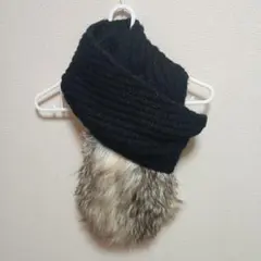 リブ編み黒マフラー ファー付き