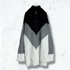 2737＊シーイン＊ロングニット 黒×白×グレー L ジップアップ ハイネック