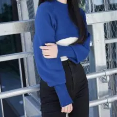 【新品未使用】GRL クロップド丈ニットトップス L ブルー レディース