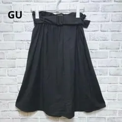 【GU】フレアスカート ベルト付き ブラック M ミモレ丈　綺麗めカジュアル