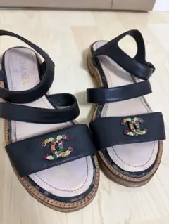 CHANEL ココマーク パール サンダル 36 ブラック ラバー サンダル
