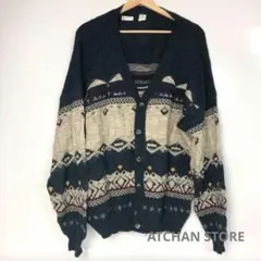 ノルディック柄 ニットカーディガン Vネック ウール混 古着 メンズ
