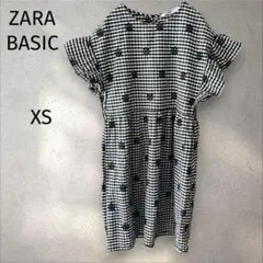 ザラ＊ ワンピース 【XS】白黒 ギンガムチェック 刺繍 半袖 フリル袖