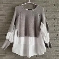 レイヤードデザイン長袖トップス グレー×ホワイト