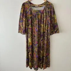 レトロ古着✨️総柄 スクエアネックワンピース L相当 幾何学模様 派手 個性的