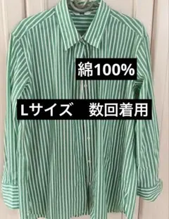 ユニクロ　レディース　グリーンとホワイトのストライプ長袖シャツ L