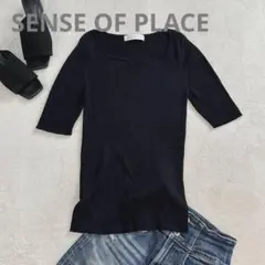 【SENSE OF PLACE】スリットネック リブカットソー ブラック F