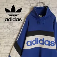 アディダス 希少90s デサントブルー L スリーストライプ