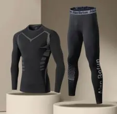 残り1点　防寒着インナー　メンズ　長袖シャツ　タイツ黒　上下　2XL 柄入り