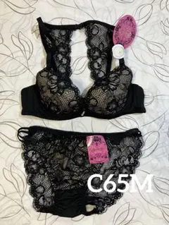 C65M グラナティス　花柄刺繍×レースのブラ＆ショーツセット　ブラック