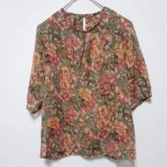 【花柄ブラウス】（F） ノーカラーカラフル花柄シャツ/五分袖/レトロ/ 華やか