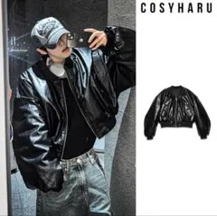 COSYHARU ブラックレザークロップドジャケット