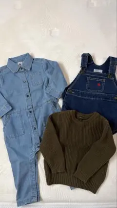 デニムロンパース・オーバーオール・ニットセーター3点セット