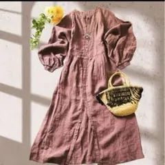 ドゥーベル　フレンチリネン長袖ワンピース　前後2WAYバーガンディ　赤紫ピンク