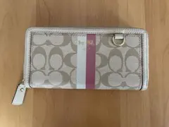 COACH(コーチ)長財布　シグネチャー柄　ベージュ×ピンク　中古