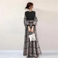 L ワンピース レディース ラウンドネック ランタンスリーブ パッチワーク