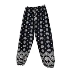 【黒・象柄】タイパンツ フィッシャーマンパンツ FREE SIZE 新品のサムネイル