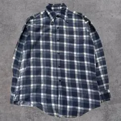 70s プリントネルシャツ　ネイビー　ホワイト　チェック柄　USA製　Sサイズ