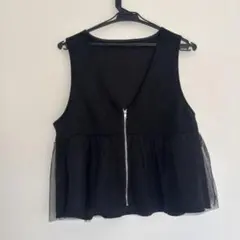 304. ベスト　ジレ　ブラック Vネック フレアベスト