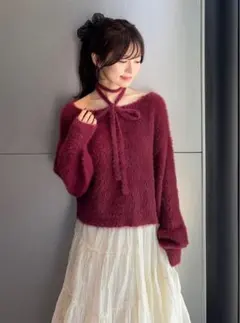チョーカー付きシャギーニットトップス　ボルドー