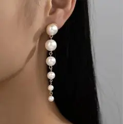 5連大ぶりパールピアス　高見えロングピアス　韓国