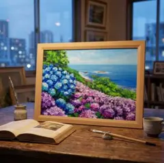 天空に咲く光のアジサイ】初夏の油絵 原画 一点物 手描きアート 紫陽花