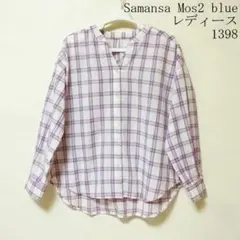 Samansa Mos2 blue チェック柄 スキッパーシャツＭサイズのサムネイル