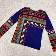 pleats please 長袖シャツ　トップス　サイズ3 総柄　ブルー　プリーのサムネイル