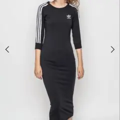美品adidas ロングワンピース タイト ストレッチ 刺繍ロゴ 洗える S