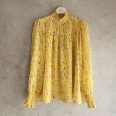 JEANASIS　ヴィンテージフラワー柄♡ギャザーネックシアーブラウス　イエロー