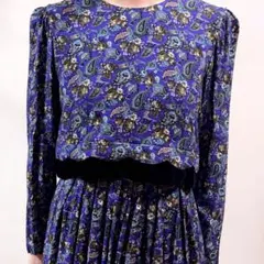 古着　ペイズリー柄　花柄　ロング　ワンピース　長袖　パープル　総柄　ヴィンテージ