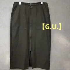 【GU】フロントジップ ナロースカート ミディ丈 カーキ Mサイズ 細見え