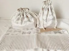 ハンドメイド☆リボン柄×ストライプ お弁当巾着セット