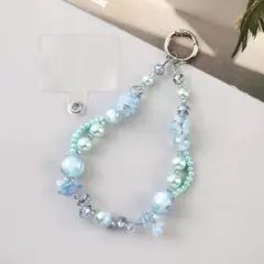 氷の雫と花のビーズスマホストラップ水色ミントブルー オーロラ蝶々花ブルー新品即納