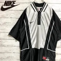 90s　ナイキ　ゲームシャツ　ハーフボタン　銀タグ　刺繍ロゴ　黒　白　バスケ　L