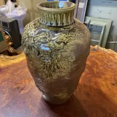D-壁 大堀相馬焼 花瓶 青ひび 貫入 レリーフ 梅 鳥 花器 壺 ヴィンテージ D-壁 大堀相馬焼 花瓶 青ひび 貫入 レリーフ 梅 鳥 花器 壺