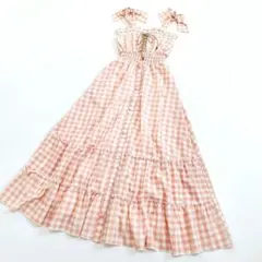 ギンガムチェック リボン フリル キャミワンピース ガーリー ロリータ風 M