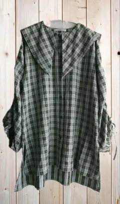 【レイカズン】　グリーン系チェック柄セーラーカラーブラウス 　綿混
