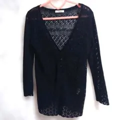 カーディガン 長袖 ブラック 透かし編み（レース編み） Vネック 羽織り　S〜М