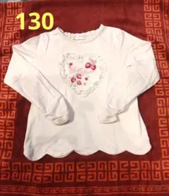 メゾピアノ☆裾スカラップいちご刺しゅうハートレースTシャツ（ライトピンク）130