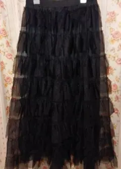 ブラックチュールフリルロングスカート　ティアードスカート