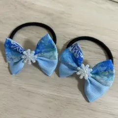 グログランリボン ヘアゴム　青　雪の結晶