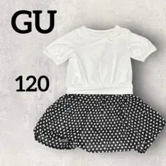 ✨美品✨GU 120サイズ　半袖　ワンピース　ホワイト　ブラック　水玉　リボン