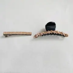ヘアクリップ バレッタ 2点セット ラインストーン キラキラ ピンクゴールド
