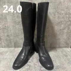 【アスビーズ】美品　ロングブーツ　黒　ブラック　レザー　ローヒール　ベルト