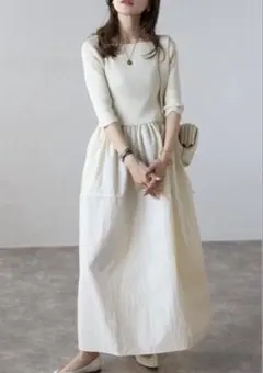 BONJOUR SAGAN スクエアネックワンピース 五分袖 アイボリー