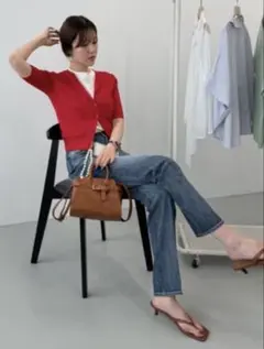 アズールバイマウジー　シアーリブ5分袖カーディガン　S レッド　値下げのサムネイル