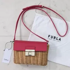 FURLA フルラ カゴ レザー 革 MIX ショルダーバッグ レッドゴールド調 
