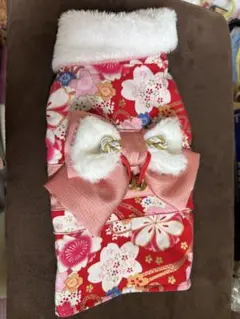 犬服 赤い花柄 リボン付き 小型犬用 着物