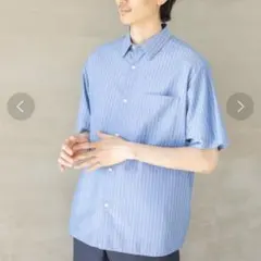 グローバルワーク　サラサマ快適シャツ　半袖　ブルーストライプ　Sサイズ
